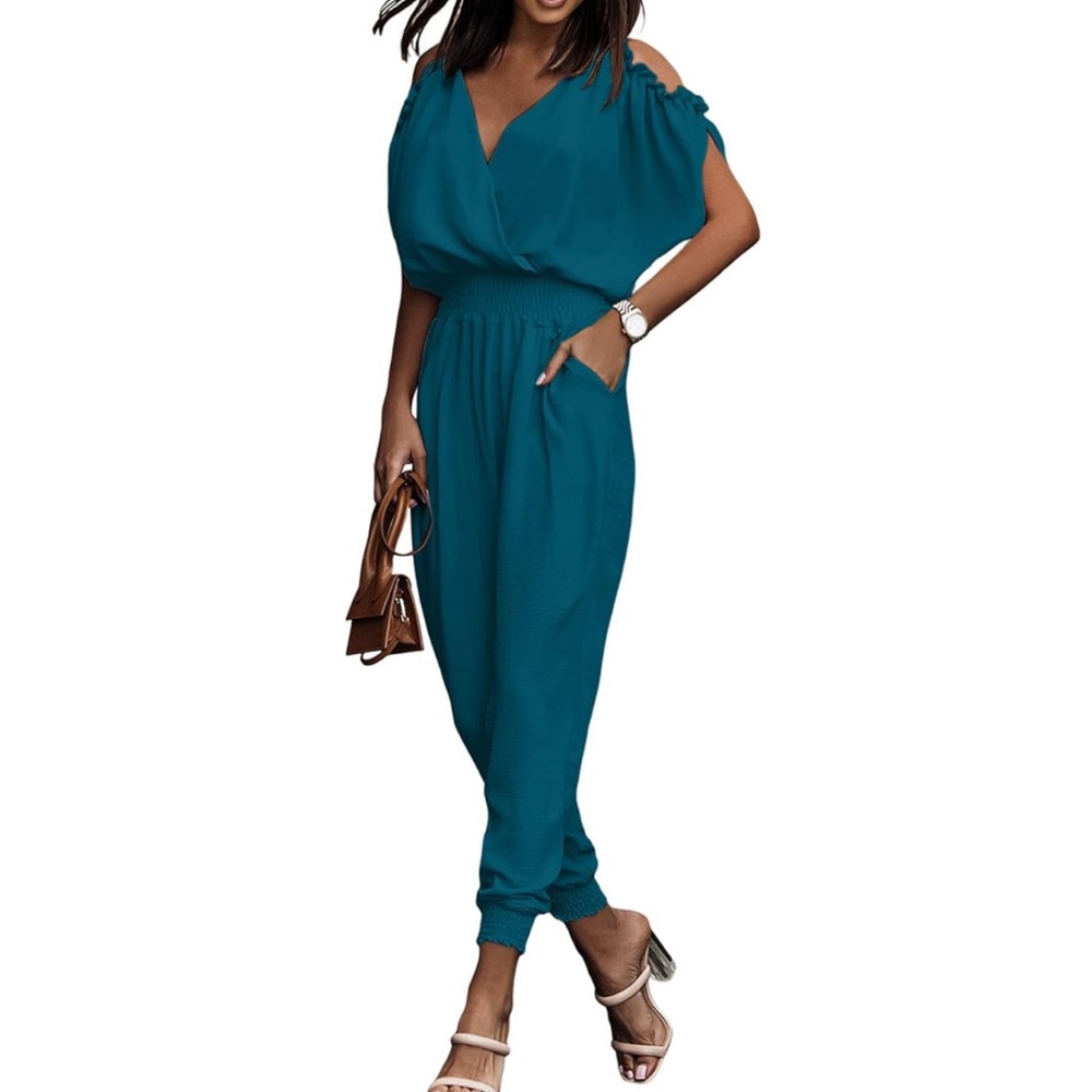 Dokotoo Teal Cold Shoulder Dressy Jumpsuit Size S